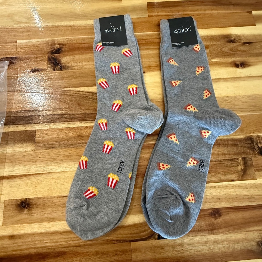 J.Crew Crew Socks Mens One Size Gray NEW Pizza Popcorn Food Novelty 2 Pair Set